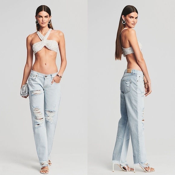 NWT RETROFETE 90s Low Rise Two Tone Distress Denim Rip Knee Straight Leg Jean 28 - Picture 1 of 10